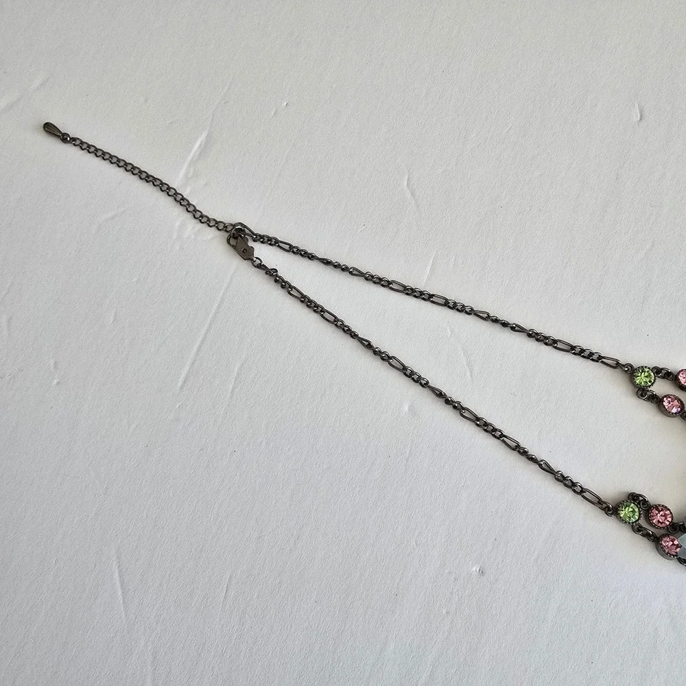 Floral Bib Necklace Earring Set Pastel Resin Flowers Gunmetal Rhinestone Jewelry